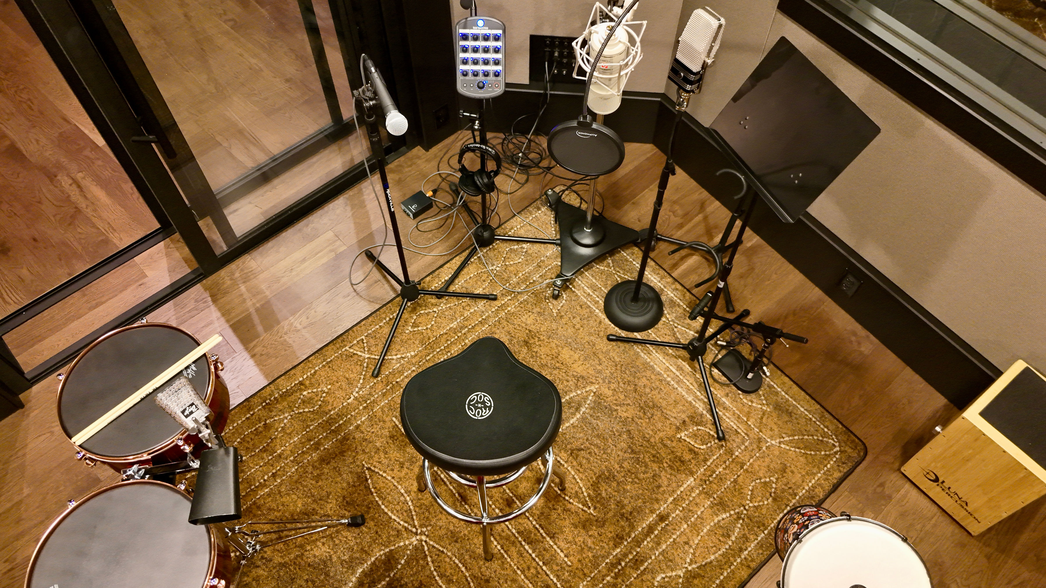 The percussion isolation room, miked and ready